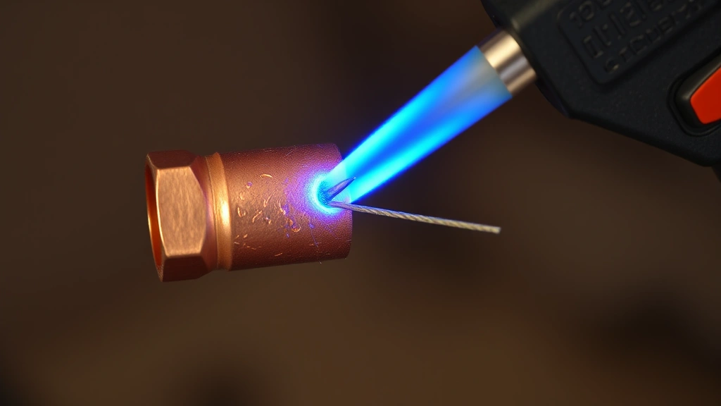 Propane torch with blue flame heating a copper tee fitting joint at 45-degree angle, solder wire touching the heated joint, bright molten solder beginning to flow into the connection
