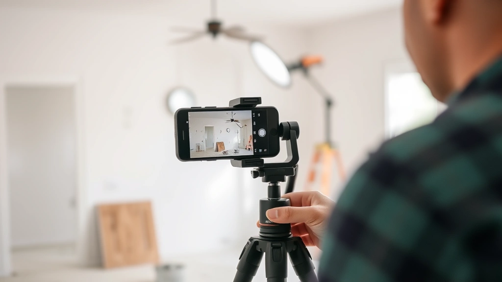 Person filming home improvement project with iPhone mounted on tripod, showing drywall painting or home repair work in progress, professional lighting setup, clean workspace