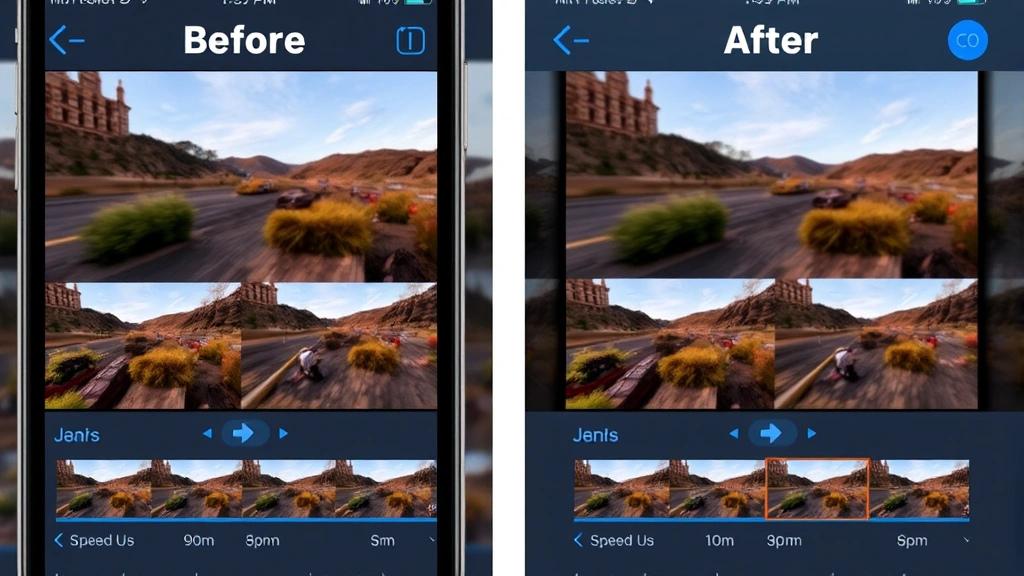 Split-screen showing before and after of speeded-up video timeline on iPhone, iMovie interface with multiple video segments at different speeds, clear visual indicators of speed changes
