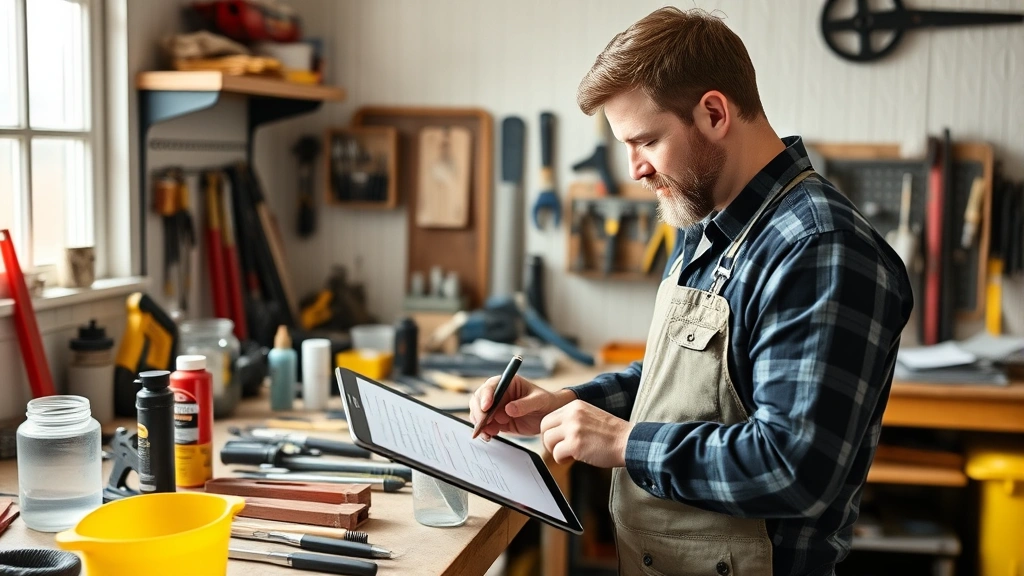 Homeowner checking a maintenance checklist on tablet in home workshop surrounded by tools and supplies, natural lighting from window