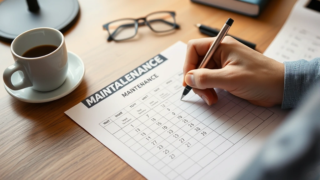 Close-up of hands writing maintenance schedule on paper calendar at desk with coffee cup and reading glasses visible