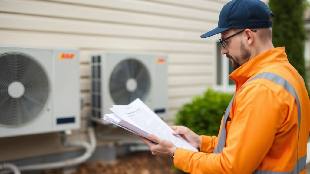 Property manager or contractor reviewing HVAC system maintenance records and taking notes in front of residential home exterior