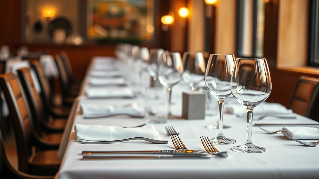 Close-up of a professional restaurant dining table with white tablecloth, place settings, and elegant glassware, warm lighting creating an inviting atmosphere, no people visible