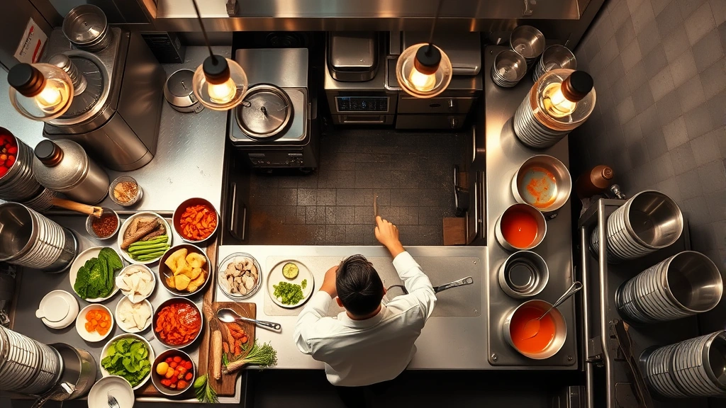 Overhead view of a restaurant kitchen with chef preparing food at stainless steel counter, fresh ingredients and professional cookware visible, bright kitchen lighting