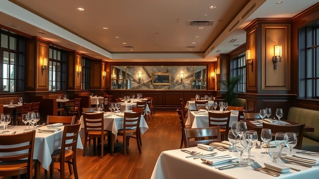 Interior of an upscale restaurant with wooden furniture, soft ambient lighting, and well-dressed tables ready for service, showing empty dining room before opening, warm color tones