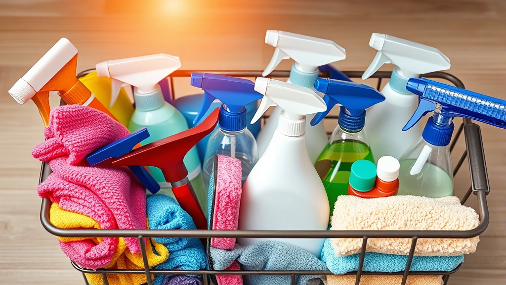 Professional cleaning supplies including microfiber cloths, spray bottles, squeegees, and commercial-grade cleaning products organized neatly in a caddy, shot from above with warm natural lighting