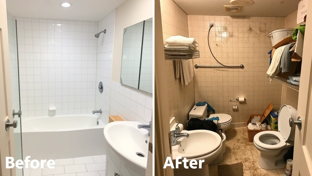 Before and after photos displayed side by side showing a sparkling clean bathroom with gleaming tiles, polished fixtures, and spotless surfaces compared to a dirty cluttered bathroom