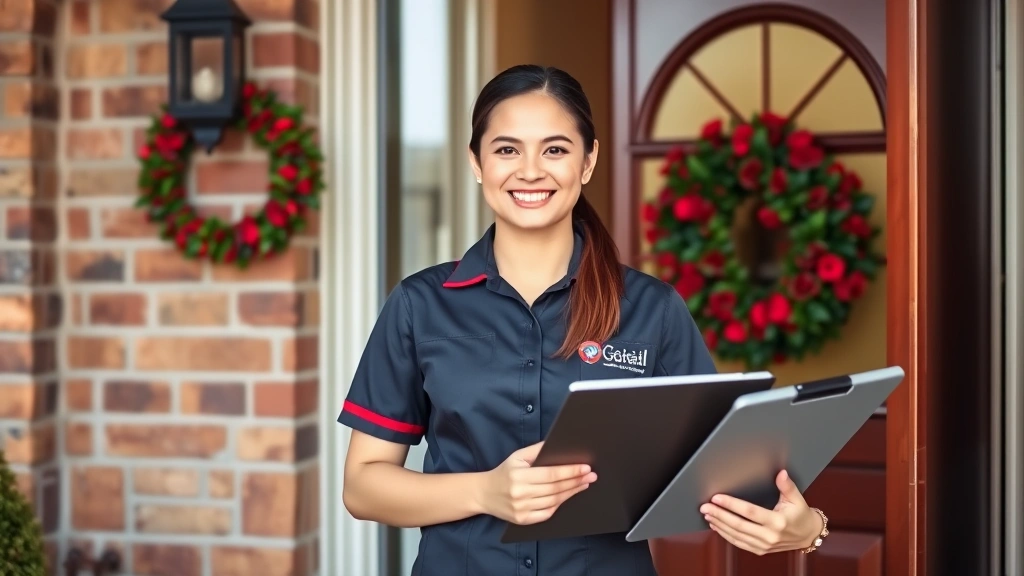 A cleaning business owner in professional uniform with company logo holding a clipboard and smiling at a customer's front door, representing excellent customer service and professionalism