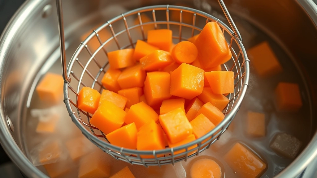 Steamer basket filled with uniformly cut carrot pieces suspended above boiling water in stainless steel pot, steam rising visibly around vegetables, close-up view