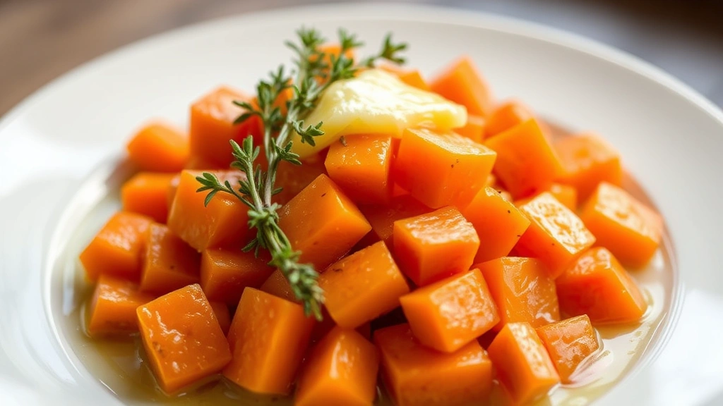 Plate of perfectly steamed carrot pieces with glossy appearance and vibrant orange color, garnished with fresh thyme sprigs and drizzle of golden melted butter