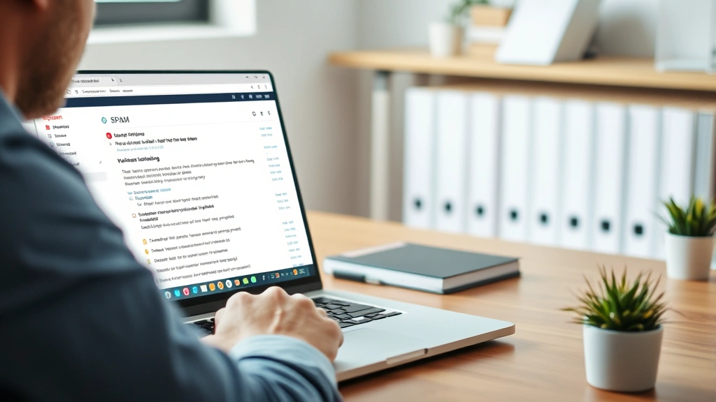 Person at desk using laptop checking email inbox with spam folder highlighted, organized filing system visible in background, professional home office setting