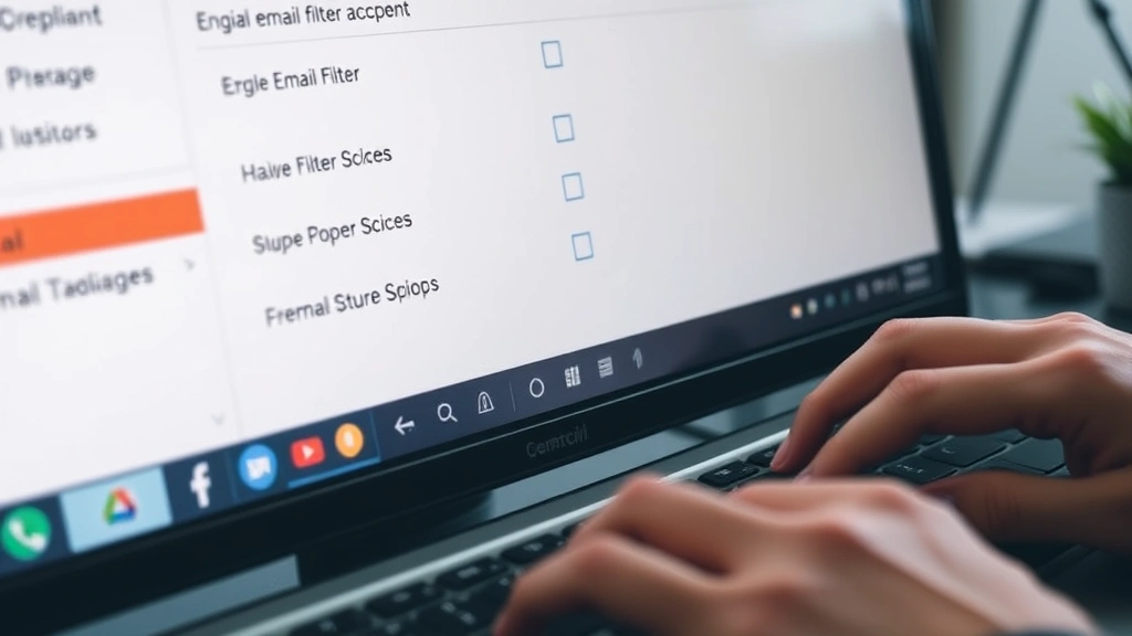 Close-up of computer screen showing email filter settings interface with dropdown menus and checkboxes, hands typing on keyboard, focused work environment