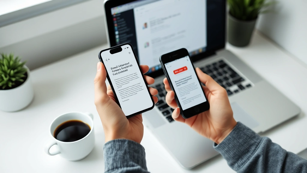 Hands holding smartphone and laptop simultaneously showing email management across devices, clean desk with cup of coffee, modern minimalist workspace aesthetic