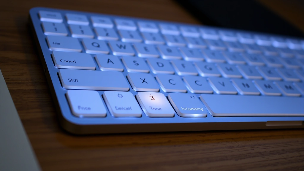 Mac keyboard showing Command, Shift, and 5 keys highlighted in bright color with subtle glow effect, flat lay photography on wooden desk