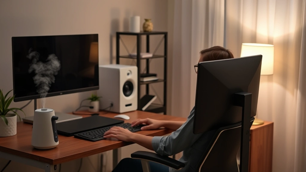 Person sitting at a desk with a humidifier running nearby, ergonomic monitor positioning, and soft diffused lighting in a home office environment
