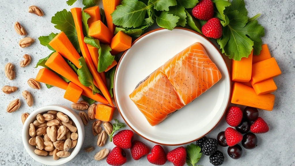 Overhead view of a healthy meal spread with salmon, leafy greens, orange vegetables, nuts, and fresh berries demonstrating eye-healthy foods