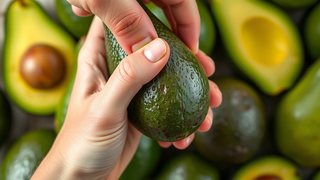 Close-up of hand gently squeezing ripe avocado to test firmness, showing proper ripeness assessment technique with whole green avocados in background