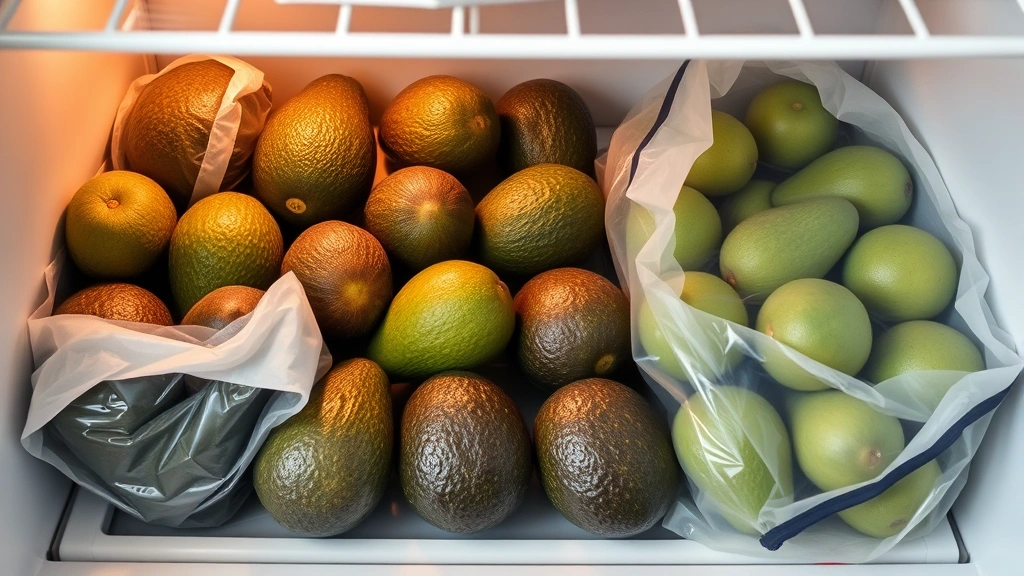 Refrigerator crisper drawer with various stored avocados at different ripeness stages, some in paper bags, showing organized cold storage setup