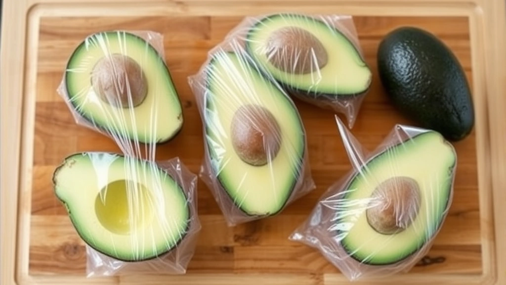 Cut avocado halves wrapped individually in clear plastic wrap with pit intact, showing professional storage method to prevent browning on wooden cutting board