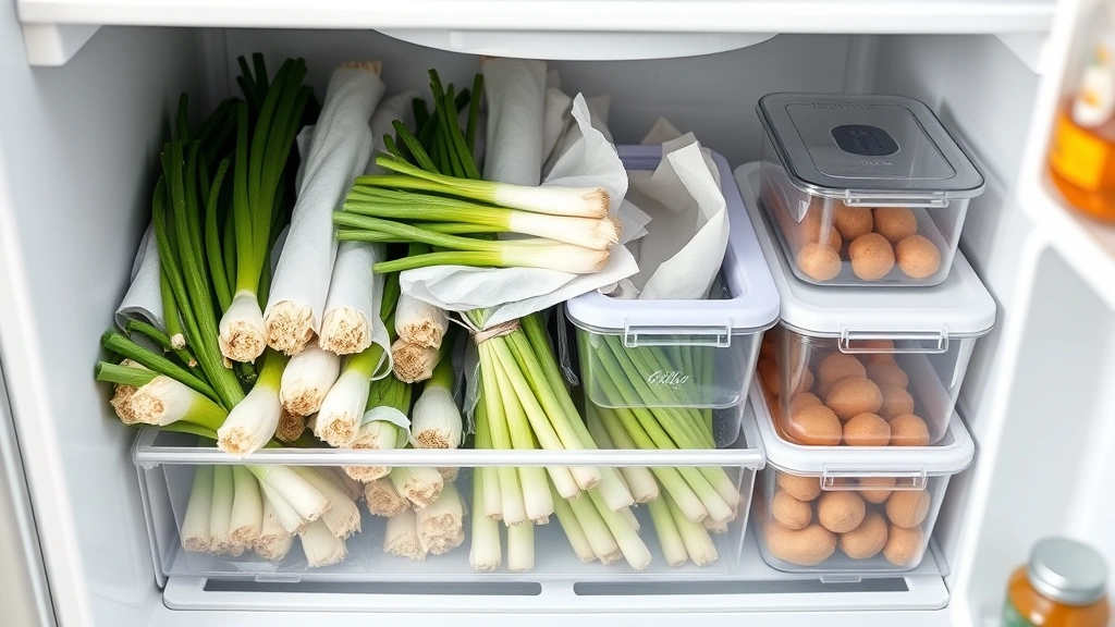 A refrigerator vegetable crisper drawer opened displaying organized bundles of green onions wrapped in paper towels inside clear plastic bags and containers, demonstrating proper refrigerator storage organization