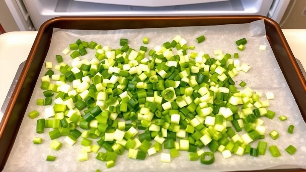 A baking sheet lined with parchment paper containing sliced green onion pieces in the process of flash-freezing, showing both white and dark green portions separated, with a freezer door visible in the background