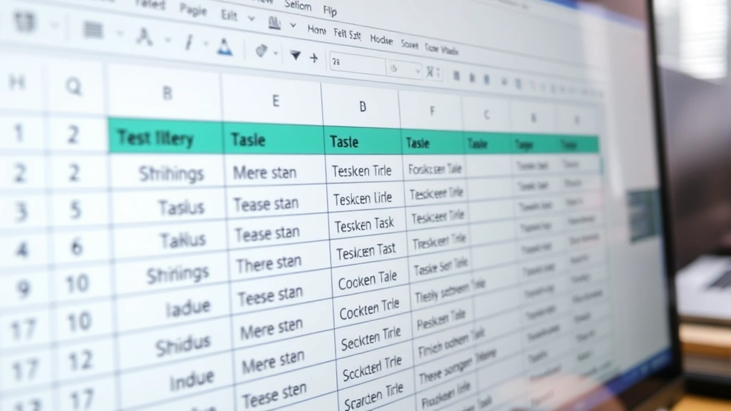 Close-up of computer screen showing Excel spreadsheet with strikethrough text applied to completed task items in rows, professional office setting, natural lighting