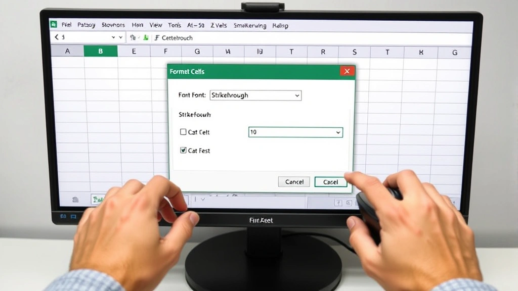 Hands using keyboard and mouse to apply strikethrough formatting in Excel, showing Format Cells dialog box open on monitor, focused on the Font tab with strikethrough checkbox