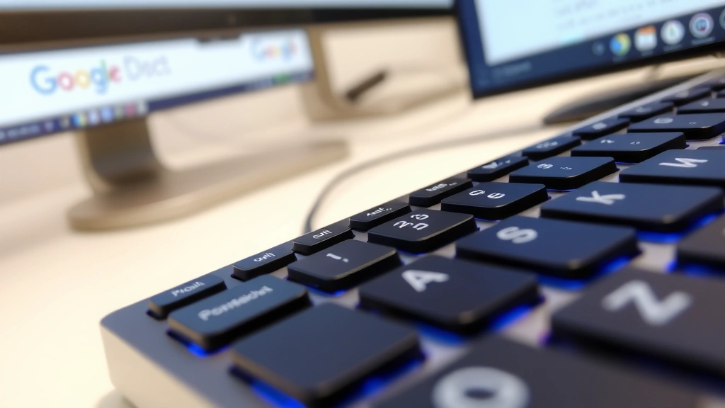 Close-up view of a computer keyboard showing the Ctrl, Shift, and Period keys highlighted in blue light, with a clean white desk background and Google Docs interface partially visible on monitor screen
