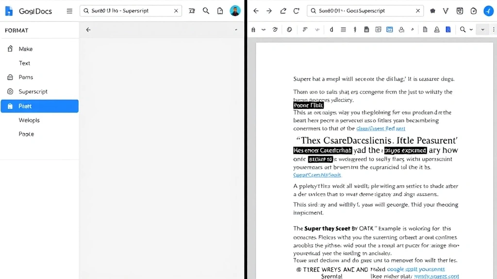 Split-screen comparison showing Google Docs Format menu open on left side with Text and Superscript options highlighted in blue, and a document example with superscript formatting on the right side