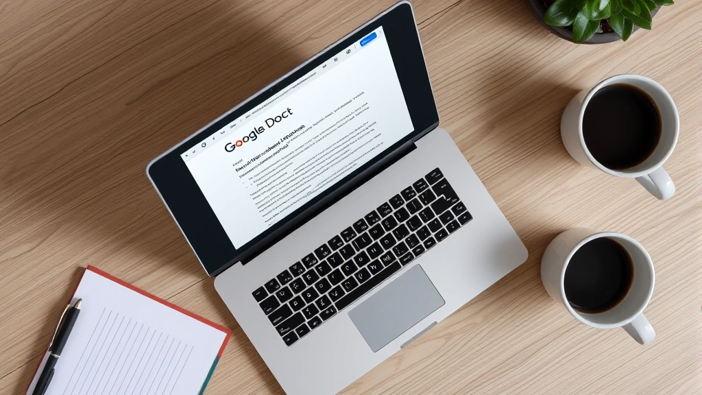 Flat lay photograph of desk workspace with open laptop displaying Google Docs document with various superscript examples (E=mc², footnote markers, trademark symbols), notepad, pen, and coffee cup beside it